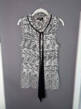 DKNY White Black Polka Dot Pleated V Neck Tie Blouse XL